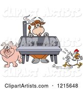 Cow Pig and Chicken by a Bbq Smoker