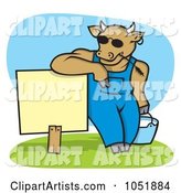 Cow Wearing Shades and Leaning on a Blank Sign with a Pail of Milk