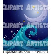 Crescent Moon Stars and and Ocean Wave