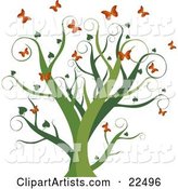 Curly Green Tree with Heart Leaves, Surrounded by Fluttering Orange Butterflies, on a White Background