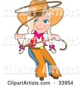 Cute Cowgirl in Chaps and a Hat, Swirling a Lasso, Her Blond Hair in Braids