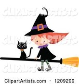 Cute Halloween Witch Riding a Broomstick with a Black Cat