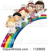 Cute Multi Ethnic Angel Children Sliding down a Rainbow