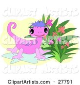 Cute Pink Gecko with Purple Stripes, Sticking Its Tongue out and Standing by Flowers