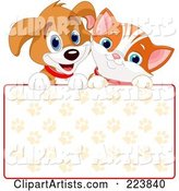 Cute Puppy and Orange Kitten Smiling over a Paw Print Sign