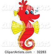 Cute Red and Yellow Seahorse with Blue Eyes, Facing Right and Smiling at the Viewer, with Bubbles