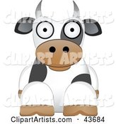 Cute White and Black Dairy Cow Resting and Facing Front, on a White Background