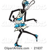 Dancing Flapper Woman in a White and Blue Dress, Floral Hat and Heels, Moving on the Dance Floor with Her Necklace Flying Around Her Neck