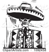 Day of the Dead Skeleton Wearing a Sombrero Black and White Woodcut