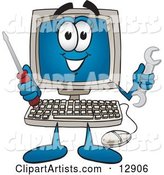 Desktop Computer Mascot Cartoon Character Holding a Wrench and Screwdriver