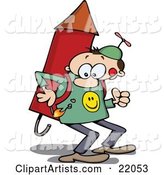 Determined Man in a Propeller Hat, Holding a Lit Match to the Fuse of the Rocket Strapped on His Back