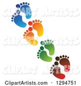 Diagonal Line of Blue, Orange, Green and Red Baby Foot Prints