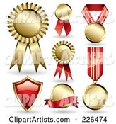 Digital Collage of 7 Gold and Red Award Ribbons and a Shield