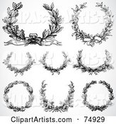 Digital Collage of 8 Black and White Laurel Wreaths