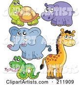Digital Collage of a Cute Tortoise, Hippo, Elephant, Giraffe and Snake