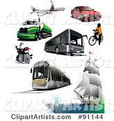 Digital Collage of a Plane, Big Rig, Motorcycle, Bus, Tram, Boat, Bicyclist and Car