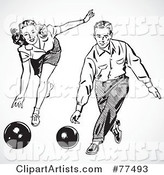 Digital Collage of a Retro Black and White Man and Woman Bowling