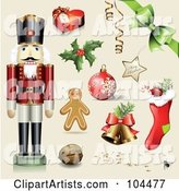 Digital Collage of a Toy Soldier, Gift Box, Holly, Ornament, Gingerbread Man, Walnut, Bells, Stocking, Bow and Merry Christmas Star