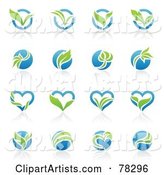 Digital Collage of Blue and Green Organic Heart and Circle Logos with Reflections