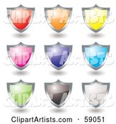 Digital Collage of Colorful Shield Icon Buttons Rimmed in Chrome - Version 3