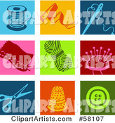 Digital Collage of Colorful Thread, Tape Measure, Needle, Patch, Yarn, Scissors, Thimble and Button Icons