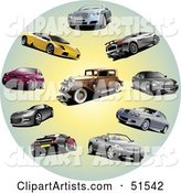Digital Collage of Coupes, Classic and Sports Cars in a Circle