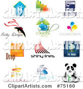 Digital Collage of Couple, Bar Graph, Lighthouse, Fashion, Snail, Color, Droplets, Lines, Arrows, Sandwich, Ladybug and Panda Icon Logos