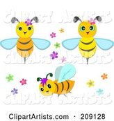 Digital Collage of Cute Bees with Flowers
