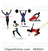 Digital Collage of Five Silhouetted Athletic Men; Runners, Weight Lifter, Gymnast and Pole Vaulter
