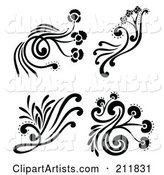 Digital Collage of Four Black and White Decorative Floral Design Elements