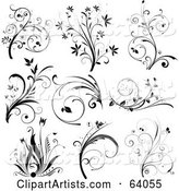 Digital Collage of Nine Black and White Floral Scroll Design Elements, on White