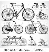 Digital Collage of Retro Black and White Bicycles and People Riding Bikes