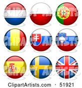 Digital Collage of Round Flag Buttons; Netherlands, Poland, Portugal, Romania, Slovakia, Slovenia, Spain, Sweden, Great Britain