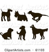 Digital Collage of Six Dark Brown Dog Silhouettes; Terriers, Greyhound, Hound, Labrador, Golden Retriever