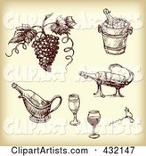 Digital Collage of Sketched Grapes and Wine Tools in Sepia Tone