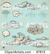 Digital Collage of Vintage and Grungy Styled Clouds over Antique Blue