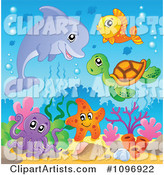 Dolphin and Cute Sea Creatures over Corals