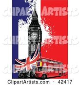 Double Decker Bus, Union Jack and Big Ben on a Colorful Grunge Background