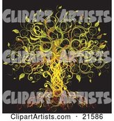 Elegant Abstract Tree Formed of Yellow, Green, Orange and Red Vines and Leaves over a Black Background