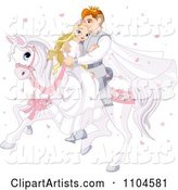 Fairy Tale Prince and Princess Wedding Couple Riding Together on a White Horse Surrounded by Heart Confetti