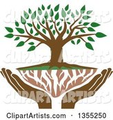 Family Tree with Green Leaves, White Roots and Uplifted Hands