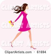 Fashionable Brunette Woman Walking and Carrying a Clutch Purse