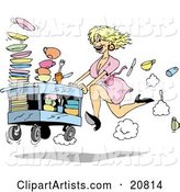 Fast Blond Waitress Woman in a Pink Dress and Black High Heels, Rushing a Cart of Dirty Dishes to Be Washed at a Restaurant