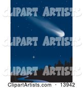 Fast Comet Shooting Through a Starry Night Sky over a Creek Winding Through a Forest