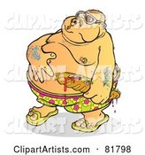Fat Tattooed Man Rubbing His Belly and Holding a Sandwich