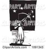Female Archer Aiming at the Stars Black and White Woodcut