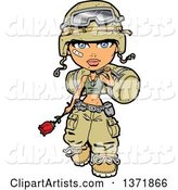 Female Army Soldier Walking with a Bag, Rose and Bandage on Her Cheek