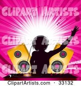Female DJ Mixing Records in Front of Golden Speakers, Silhouetted Against a Bursting Pink Grunge Background