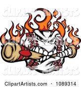 Flaming Baseball Mascot Biting a Bat