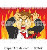 Flaming Mad Boss with a Red Arrow Tie, Grabbing His Hair